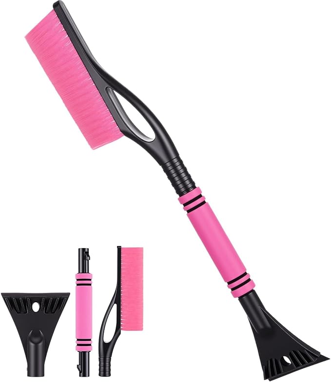 24'' Snow Brush and Ice Scraper for Car Windshield, 2 in 1 Detachable Snow Scraper with Soft Grip Handle and Additional Handhold, Multi-Functional Removal Tool for Car, Truck, SUV(Pink)