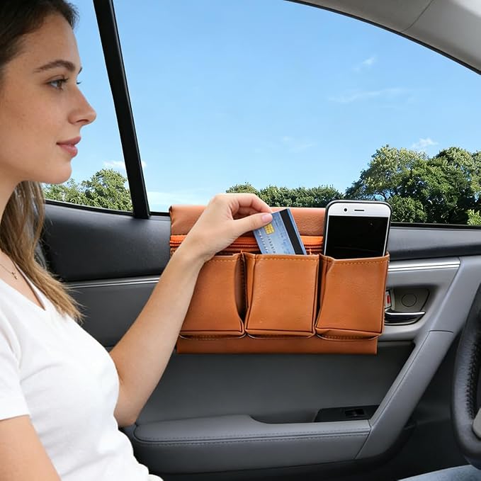 Car Window Armrest Storage Box, Leather Automotive Side Door Arm Rest Pad Organizer with Multiple Pocket, Multifunctional Vehicle Armrest Elbow Pad Storage Bag, Universal Fit (Brown)