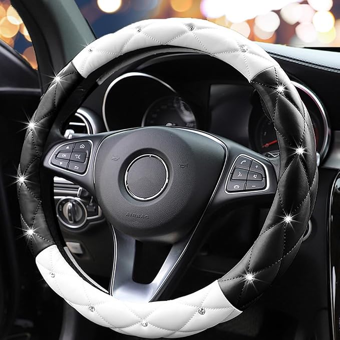 Cute Diamond Soft Leather Anti-Slip Steering Wheel Cover with Bling Bling Crystal Rhinestones, Universal 15 Inch for Women Girls, Fit Vehicles, Sedans, SUVs, Vans, Trucks - Black and White
