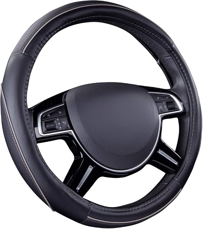 Color Piping Microfiber Leather Universal Fit Steering Wheel Cover,Perfectly fit for 14.5-15 inches Suvs,Vans,Trucks,Sedans,Cars,Automotive(Black & Gray or Grey)