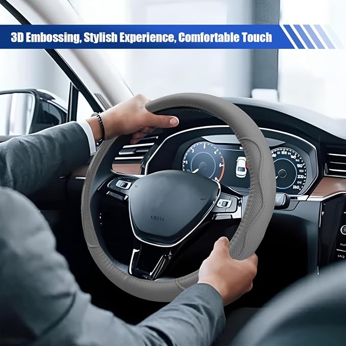 15 Inch Leather Car Steering Wheel Cover for SUV, Truck, Gray | Anti-Slip Breathable Automotive Steering Wheel Protector, Universal Heat Resistant Vehicle Interior Accessories