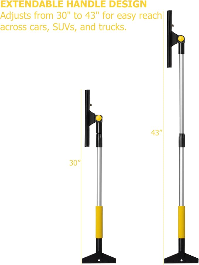 30-43" Extendable Aluminum Snow Brush with Built-in Squeegee & Ice Scraper 3-in-1 Non-Slip Foam Grip Winter Car Tool with Scratch-Free Bristles for Cars, SUVs & Trucks, Yellow