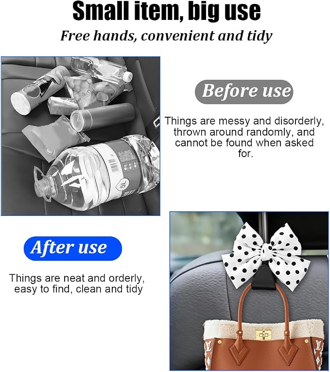 2PCS Car Seat Headrest Hook, Cute Bow Backseat Hanger Holder for Purse Bag Handbag Coat, Auto Interior Seat Back Grocery Storage Organizer Hook, Universal for Vehicles (White Polka Dots)