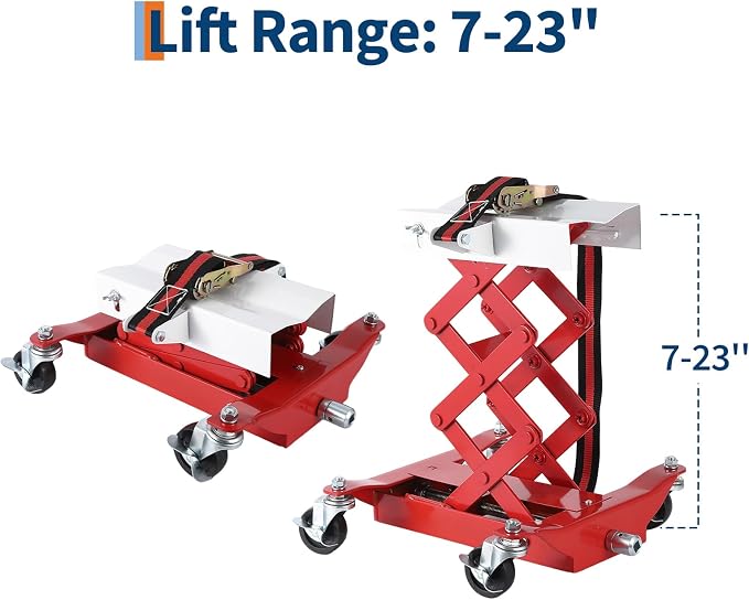 Transmission Jack 450 LBS Capacity: Low Profile Lift with 2M Safety Straps & 4 Brake Wheels, 7-23 Inch Range for Car & Truck Repair (Red)