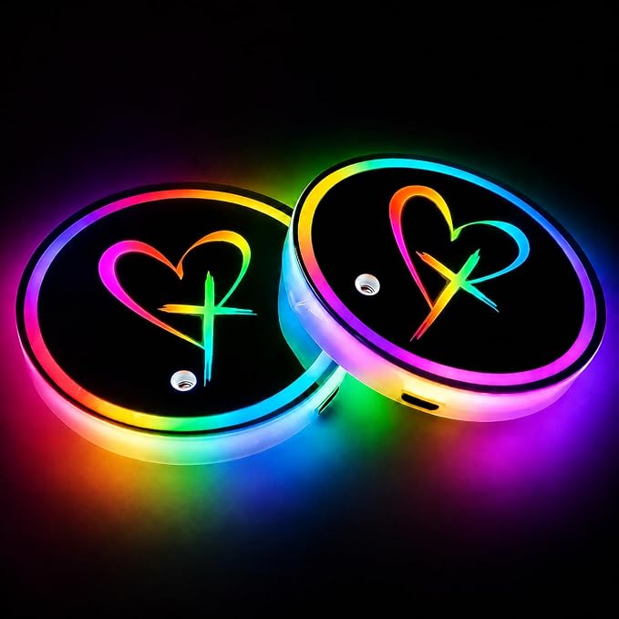 Love Cross LED Cup Holder Lights for Car,7 Colors Light Up Cup Holder Coasters for Car Decor,Vibration Sensor Coasters,Cross Auto Accessories Gifts for Women Men,Universal for SUV Sedan Truck