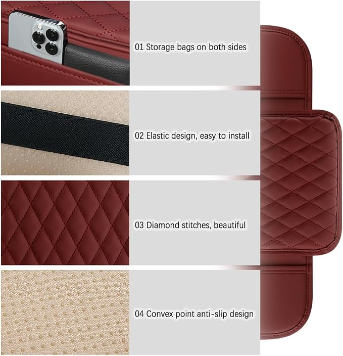 Arm Rest Cover for Car,Leather and Memory Foam Center Console Cover with Storage Bags,Universal Middle Console Cover Car Accessories Interior for Most Car Center Consoles (Red)