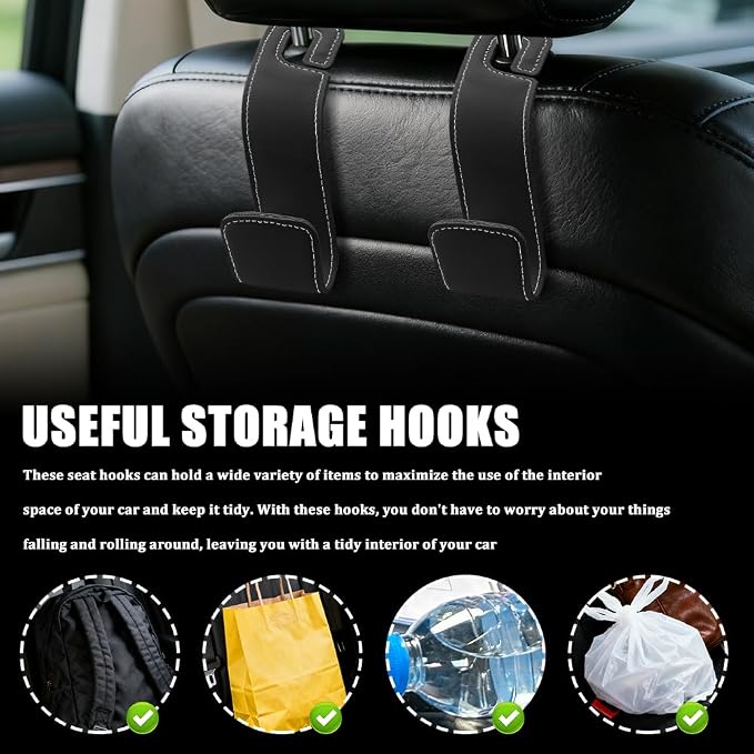 2PCS Car Seat Headrest Hooks, Purse Hook for Car, Automotive Headrest Handbags Holder, Auto Accessories Leather Seatback Organizer Hanger for Hanging Purses Bags Coats (Black, 2PCS)