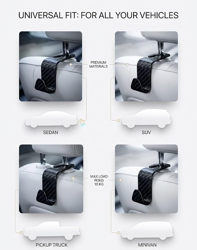 Carbon Fiber Car Seat Headrest Hooks, 4 Pack Car Back Seat Organizer Hooks for Handbags, Purses, Groceries, Coats and Accessories, Universal Vehicle Storage Hanger Hooks for Cars, SUVs and Trucks