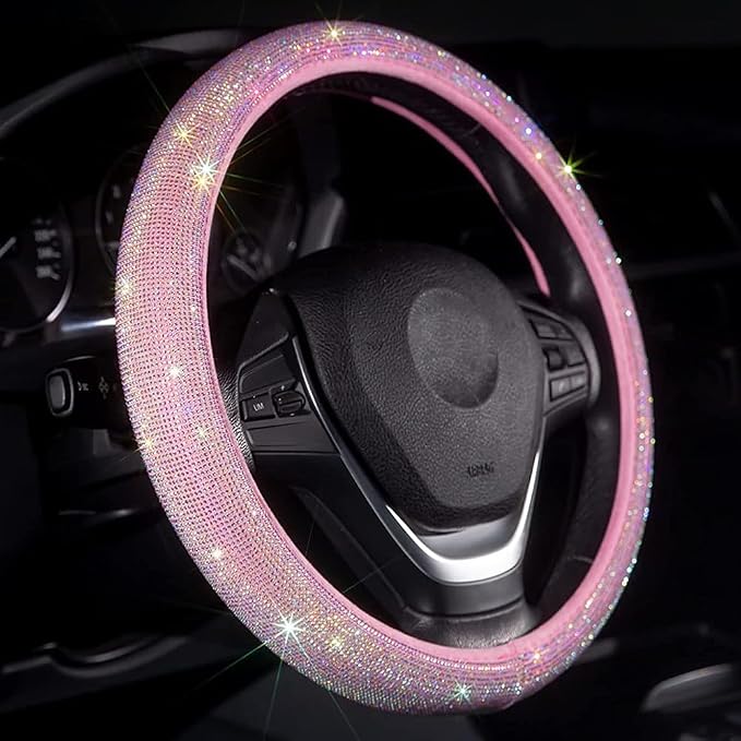 Pink Bling Steering Wheel Cover for Women Sparkly Rhinestone Bedazzled Car Accessories Diamond Cute 15.5-16 inch for Large Size Steering Wheel