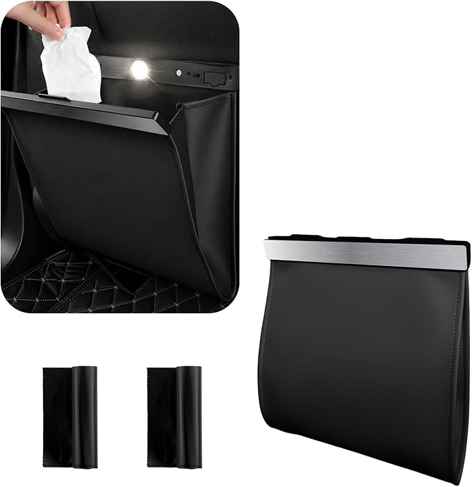 2026 New Car Trash Can with LED Light & Strong Magnet Closure,Leather Car Trash Bin with 12 Bags,Large Capacity Cars Garbage Can as Cars Organizer for Back Seat/Door