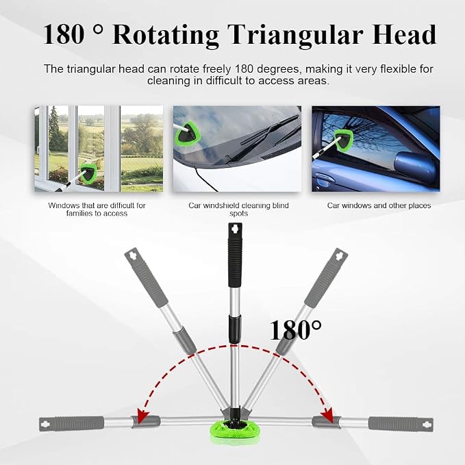 Windshield Cleaning Tool, Car Window Cleaner, Windshield Cleaner with 4 Washable Reusable Microfiber Pads and Extendable Handle, Auto Glass Wiper Cleaning Kit Universal for Car (Green)
