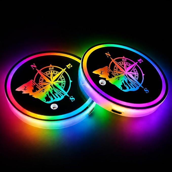 Compass & Mountain LED Cup Holder Lights for Car,7 Colors Light Up Cup Holder Coasters for Car Decor,Vibration Sensor Coasters,Auto Accessories Gifts for Women Men,Universal for SUV Sedan Truck