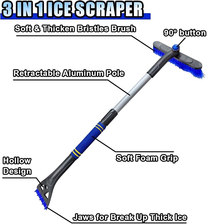 31.5" Detachable Snow Brush and Ice Scraper for Car Windshield, 2-in-1 Winter Snow Removal Tool with Extendable, 360° Rotating Soft Bristle Brush Head and Foam Grip for Most Vehicles (2PCS&Blue)