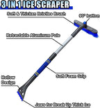 31.5" Detachable Snow Brush and Ice Scraper for Car Windshield, 2-in-1 Winter Snow Removal Tool with Extendable, 360° Rotating Soft Bristle Brush Head and Foam Grip for Most Vehicles (Blue)