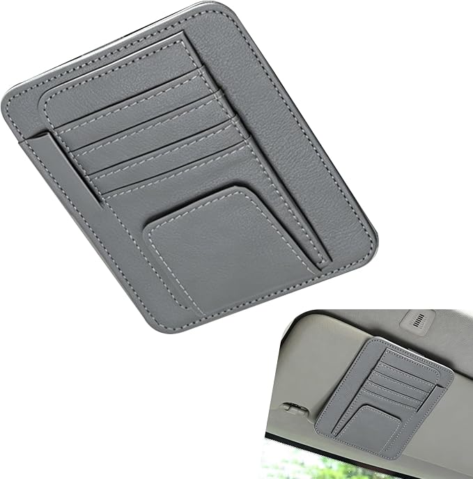 Car Sun Visor Organizer, Multi-Pocket Leather Auto Visor Storage Bag with Clip-on Design, Car Interior Organizer for Cards, License, Sunglasses and Pens, Universal for Most Cars (Gray)