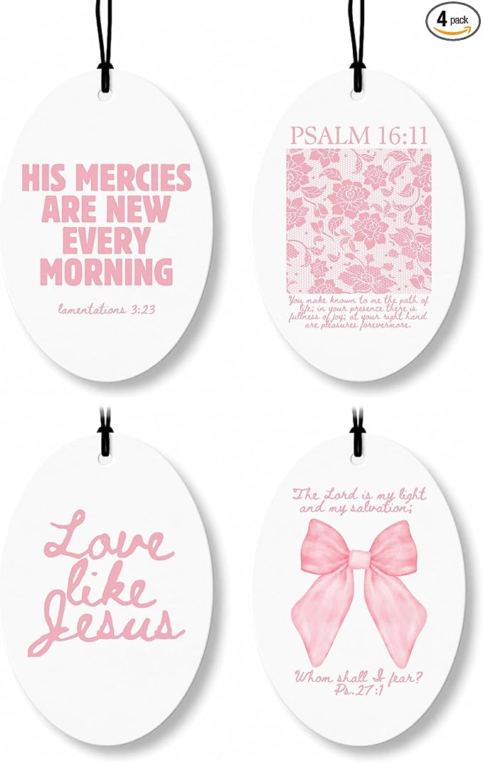Pink Christian Car Air Freshener 8 Pcs, Coquette Pink Bow Floral Religious Hanging Air Freshener Oval for Girls Dorm Bedroom Apartment, Girly Christian Car Accessories Mirror Decor for Women