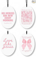 Pink Christian Car Air Freshener 8 Pcs, Coquette Pink Bow Floral Religious Hanging Air Freshener Oval for Girls Dorm Bedroom Apartment, Girly Christian Car Accessories Mirror Decor for Women