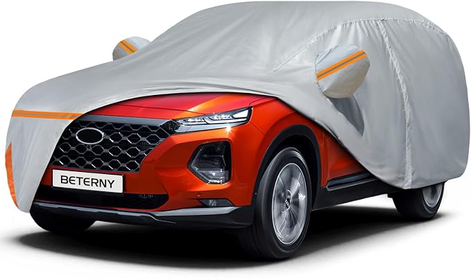 Car Cover for 2006-2026 Hyundai Santa Fe, Waterproof Custom-fit Sun Rain Dust Snow All Weather Protection Windproof Outdoor Full Car Cover with Cotton Lining and Door Zipper-Grey