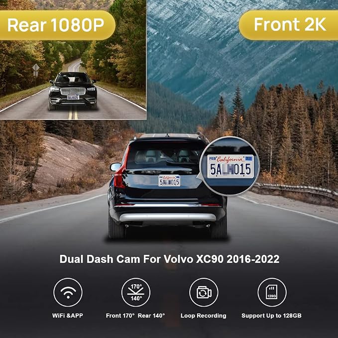 2K Dual Dash Cam Compatible with Volvo XC90 2016 2017 2018 2019 2020 2021 2022 T5 T6 T8 (Model A), OEM Factory Look, Front 1440P+Rear 1080P Video, Loop Recording, WiFi&APP, G-Sensor, 64GB Card