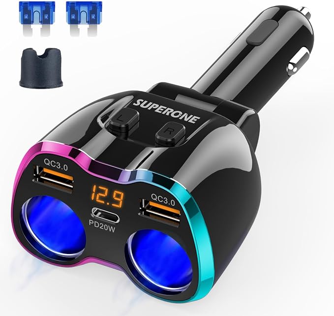 2026 Upgraded Cigarette Lighter Splitter, 180W 2-Socket Cigarette Lighter Adapter with Dual QC3.0 and 20W PD USB C Car Charger Splitter for GPS/Dash Cam/Laptop/iPad/iPhone 17/16/15/14/13/12