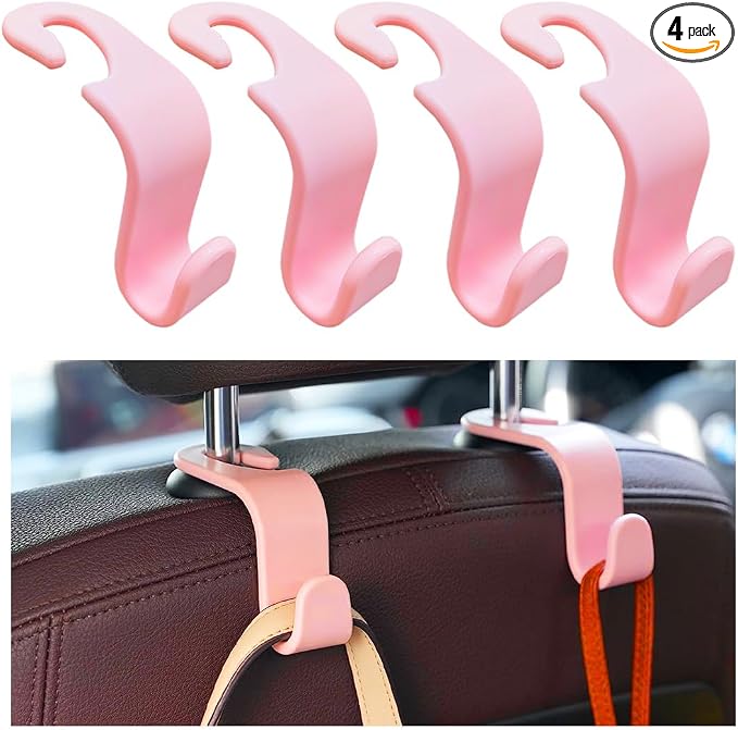 4PCS Car Seat Headrest Hook, Auto Back Seat Hanging Storage Organizer, Vehicle Seatback Hanger Holder for Purse Handbag Coat Umbrella, Universal Interior Car Accessories (Light Pink)