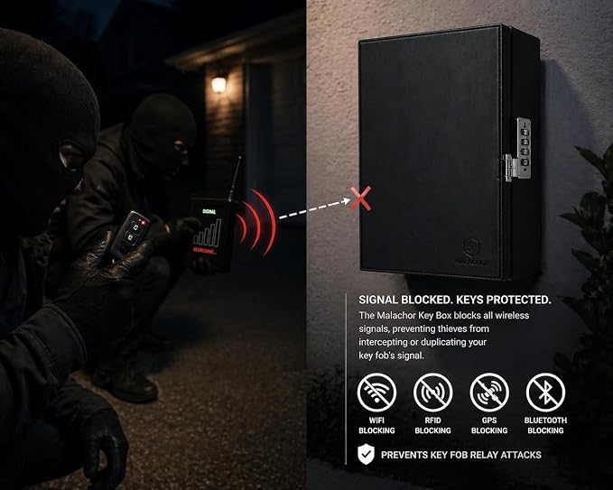 Faraday Key Box, Combination Lock, Signal Blocking, Wall Mount Black | Protects key fobs from relay attacks