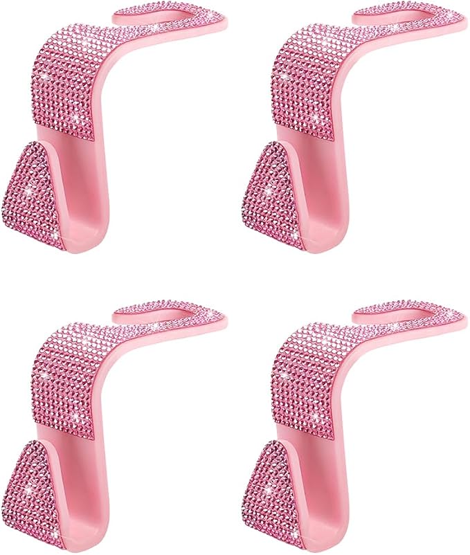 4PCS Bling Car Seat Headrest Hooks, Crystal Rhinestone Vehicle Back Seat Hanger Holder, Auto Interior Headrest Hanging Storage Organizer for Purse Handbag Coat, Universal Fit (Pink)