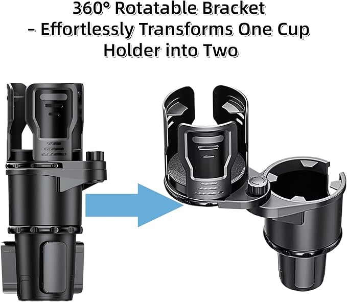 Car Cup Holder Expander 2 in 1，Expandable Cup Holder with 360°Adjustable Base，Compatible with Hydro Flask, Yeti, Nalgene, Other Large Bottles Drinks Mugs, Expandable to 2.87"-6" (Black)