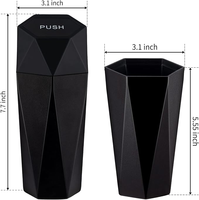 Car Trash Can with Lid, Diamond Design Small Automatic Portable Trash Can, Easy to Clean, Used in Car Home Office Interior Accessories, 2PCS (Black)