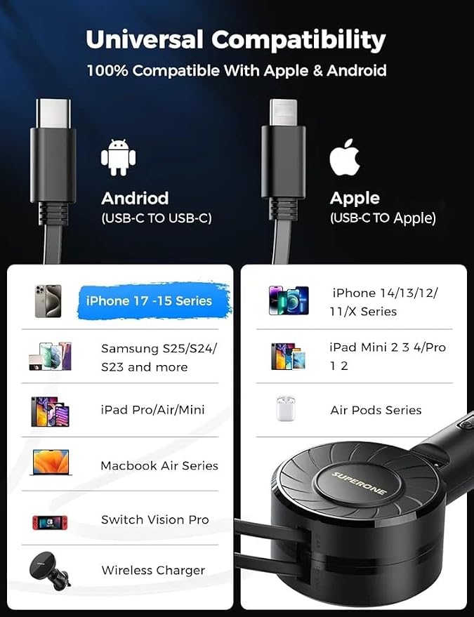 Retractable Car Charger, Small iPhone Car Charger Fast Charging, Car Phone Charger with USB C and Apple Cord, Car Charger Adapter Compatible with iPhone 17/16/15/14/13 Samsung Galaxy and More
