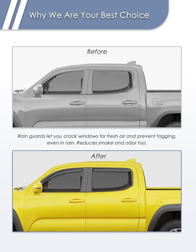 in-Channel Window Rain Guard for Toyota Tacoma 2016-2023 Double Cab Rain Guards Side Truck Window Visors Low Profile Vent Visor Window Deflectors Vent Shades Car Accessories
