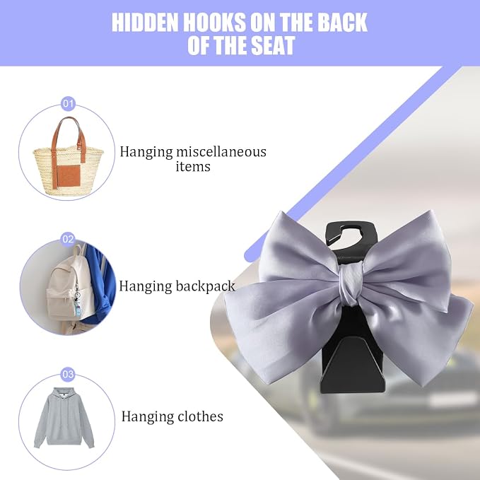 2PCS Car Seat Headrest Hook, Cute Bow Stylish Seat Back Purse Handbag Hanger Organizer, Multi-Purpose Auto Backseat Storage Hook Holder for Umbrella Coat Bag, Universal Fit (Purple)