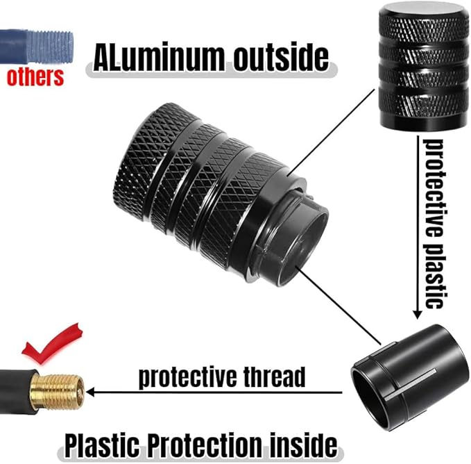 4-Piece Black Anodized Aluminum-Plastic Composite Tire Valve Stem Caps with Integrated Plastic Sleeve,Corrosion-Resistant and Universal Fit,Suitable for Cars, Trucks, and Motorcycles(Black)