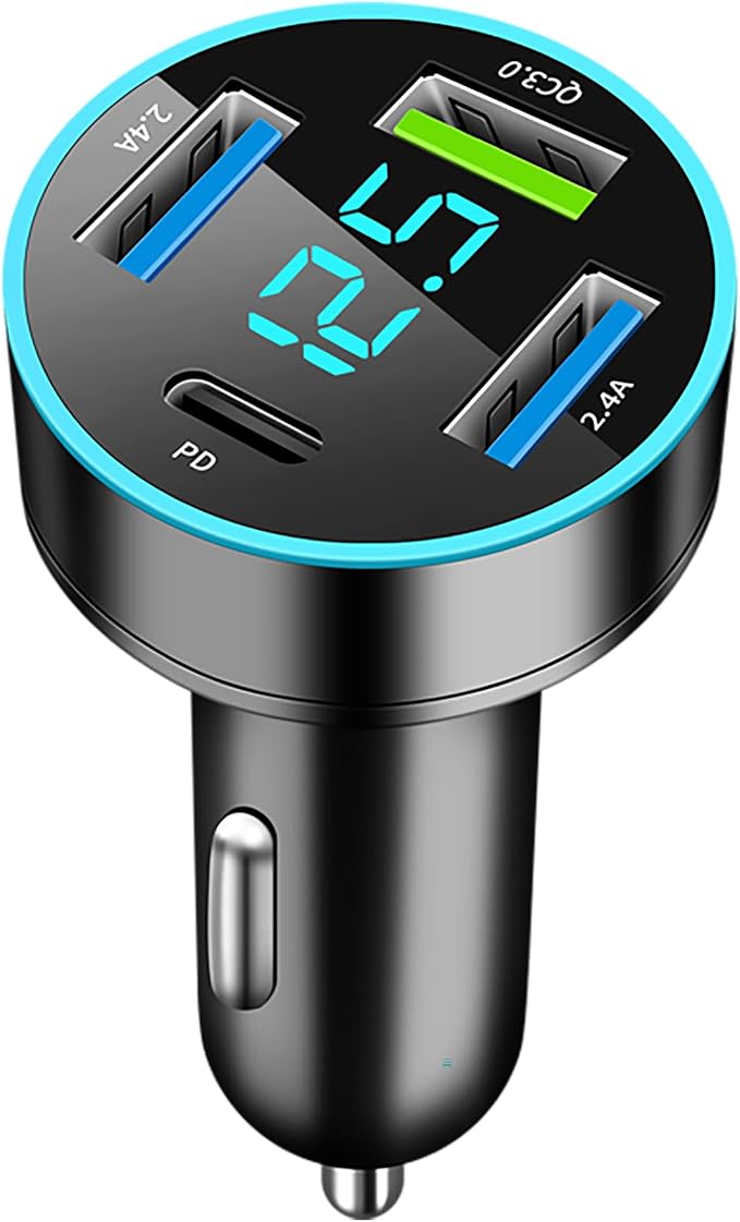 4-Port USB C Car Charger, Cigarette Lighter USB Charger Adapter with Voltmeter PD 3.0 & QC 3.0 Fast Charging for iPhone 17/16/15, Samsung Galaxy, Android Phones & Tablets