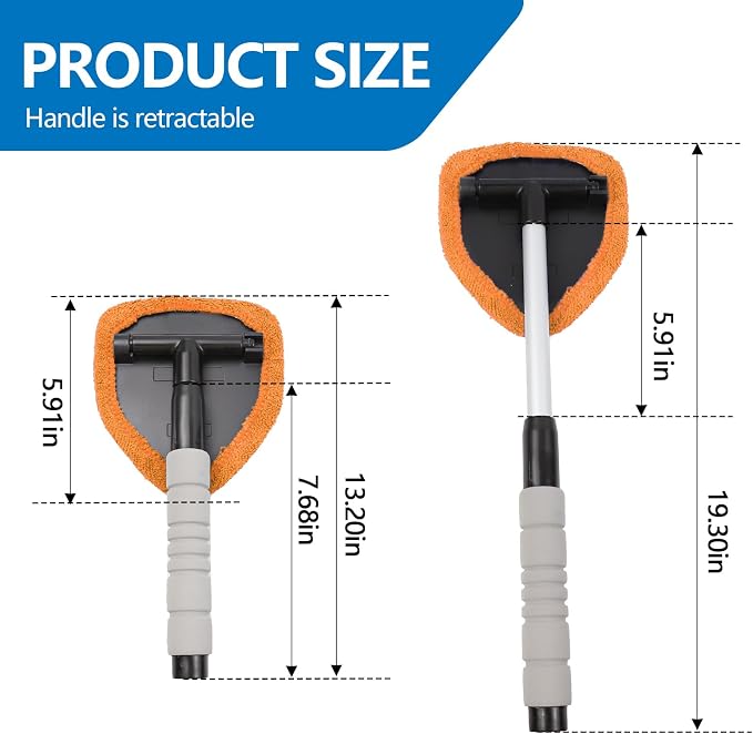 Car Windshield Cleaning Tool, Car Windshield Window Cleaner, Auto Window Glass Cleaning Kit with Extendable Handle & Reusable Microfiber Pad & Spray Bottle, Universal Car Accessories (Orange)