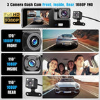 WiFi 1080P 3 Channel Dash Camera for Car Front and Inside Dashcam Car Security Video Recorder,170°Wide Angle Vehicle Cam,WDR,G-Sensor,Loop Recording,Night Vision (WiFi 3Channel Dash Cam With 32G Card)