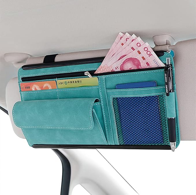 Car Sun Visor Organizer Glasses Case Storage Bag note Holder Car suede Zipper Card Hold Car Organizers and Storage (blue)