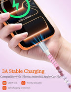 USB A to USB C Cable 6FT,Beaded Charger Cord for iPhone 17 16 Pro Max 17e 15 Car play,Cute Type C Car Charger Charging Cord for iPad 10 11th A16/Samsung S26 S25 S24/Android Phone Girls Women,PurpleRed