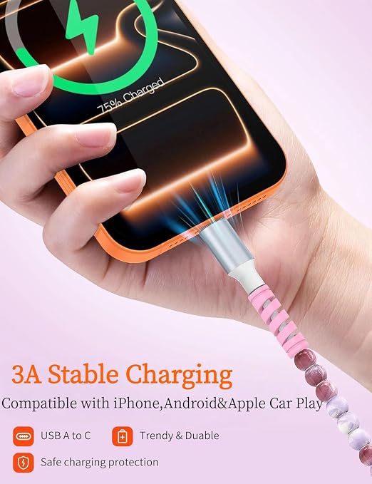 USB A to USB C Cable 6FT,Beaded Charger Cord for iPhone 17 16 Pro Max 17e 15 Car play,Cute Type C Car Charger Charging Cord for iPad 10 11th A16/Samsung S26 S25 S24/Android Phone Girls Women,PurpleRed