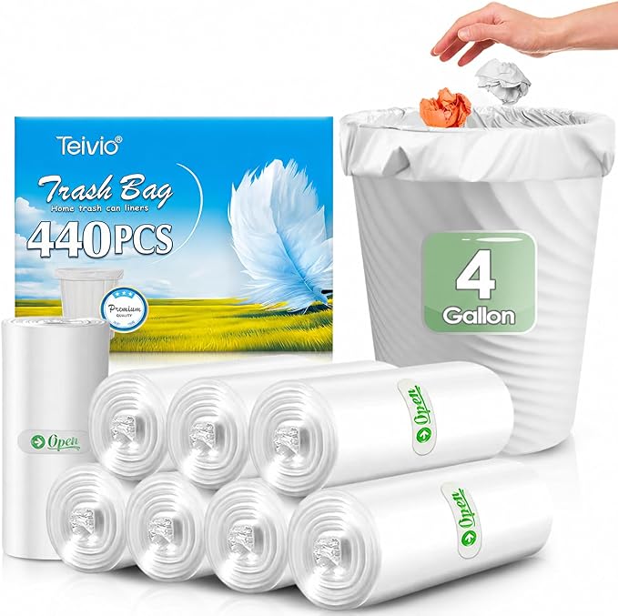 4 Gallon 440 Counts Small Clear Trash Bags Garbage Bags by, Bathroom Trash Can Bin Liners, Small Plastic Bags for home office kitchen (Clear)