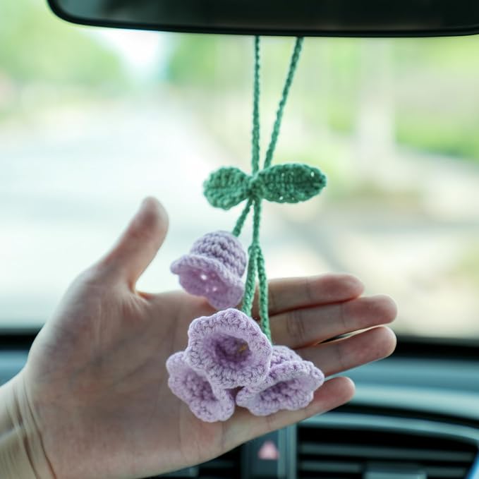 Lily Flower Handmade Knitted Car Mirror Hanging Accessories, Rear Riew Mirror Accessories Car Decorations for Women Men
