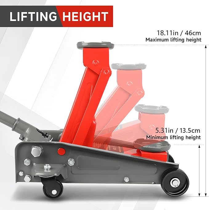 3 Ton Floor Jack, 6600LBS Heavy Duty Hydraulic Jack, Fast Lift with Wheels, Lift Range: 5.31''-18.11'', Steel Material, for Home, Garage and Repair Shops, Red