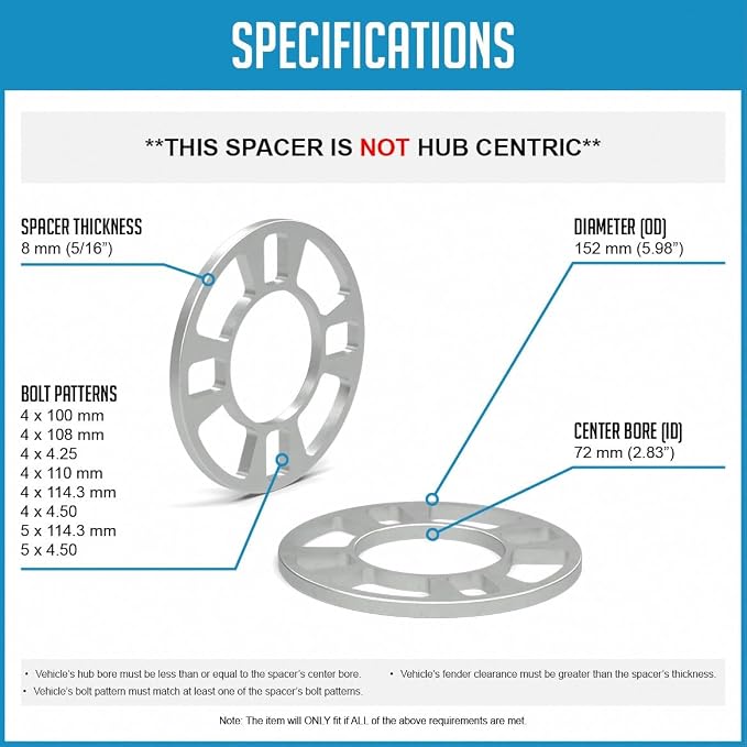 2 Pcs Die Cast Wheel Spacers 8mm 5/16" Thick Fits Bolt Patterns 4x100mm 4x108mm 4x4.25 4x110mm 4x114.3mm 4x4.50 5x114.3mm 5x4.50 Fits 4 Lug Pass Cars - Not Hub Centric
