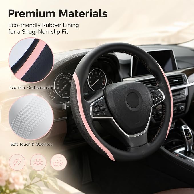 Steering Wheel Cover Black and Pink Leather Universal 14.5-15 inch | Car Steering Wheel Covers with Coasters Microfiber Breathable Anti-Slip Durable Steering Wheel Accessories Set for Woman