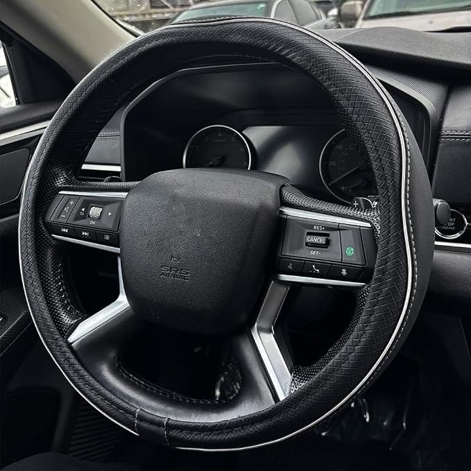 Car Steering Wheel Cover, Durable Leather Cover with Anti-Slip Lining, Breathable Auto Wheel Cover Protector, Universal 15 Inch Anti-Slip Steering Wheels for Men & Women (Black White)
