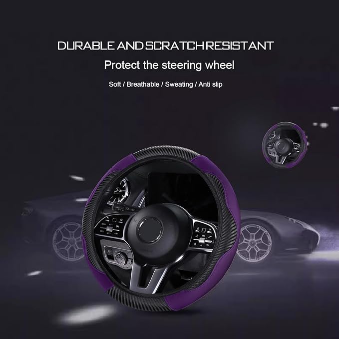 Ultra Fine Carbon Fiber Leather Steering Wheel Cover, Anti Slip and Sun Protective Protect the Steering Wheel, Easy to Install,Universal of 14.5"-15" (Purple)
