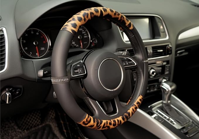 Leopard Steering Wheel Cover, Made with Breathable Microfiber Leather Cheetah Print, Anti-Slip, Universal Fit 14 1/2 inches to 15 inches, Black