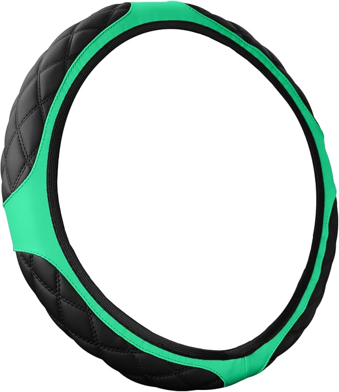 15 Inch Car Leather Steering Wheel Cover, Automotive Accessories Elastic Breathable Anti-Slip Soft Wheel Protector Fits Men and Women, Suitable for SUVs, Trucks, Vehicles and RVs (Green)