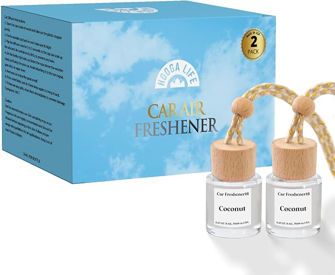Car Air Freshener Diffuser 2 Pack Hanging Air Freshener Diffuser - Coconut Fragrance Oil Air D iffuser for Car, 45+ Days Long Lasting Fragrance Made in USA (C16)