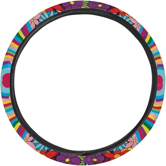 Groovy Hippie Flower Pattern Car Steering Wheel Cover Fit Most SUV Truck Car Van Easy to Install Car Wheel Cover Protector Steering Wheels Accessories Universal Fit 15 inches